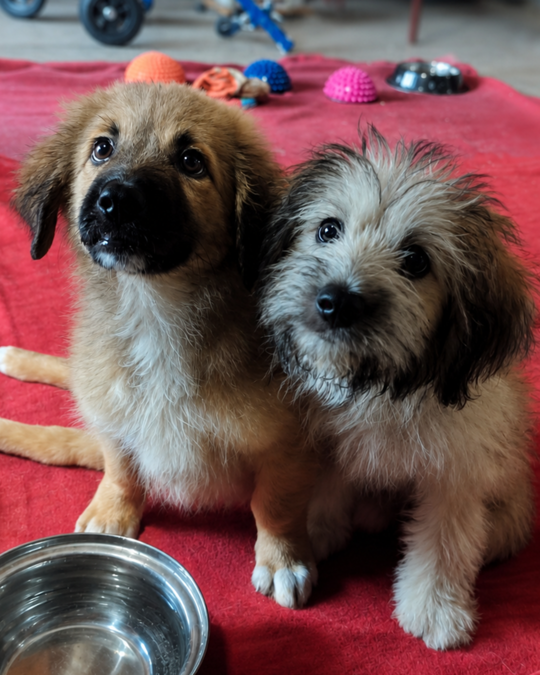 Gray and Alfi sitting closely together in the indoor care room
